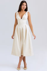 Vintage Cream Satin Pleated Midi Dress