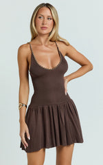 Shailene Mini Dress - Chain Strap V Neck Knitted Dress in Chocolate