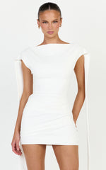 Cosette Mini Dress - Draped Sash Side Ruched Dress in White