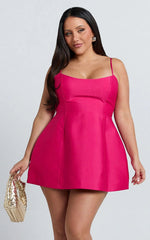 Carolina Mini Dress - Scoop Neck Panel Bodice Dress in Fuchsia