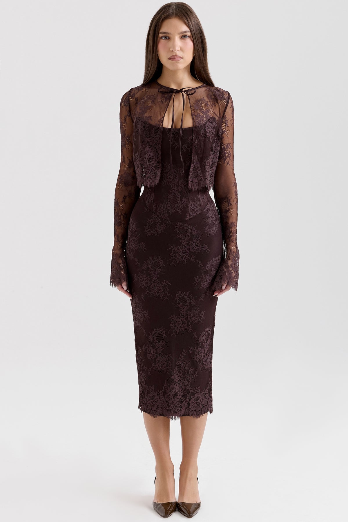 Bitter Chocolate Lace Corset Midi Dress & Bolero