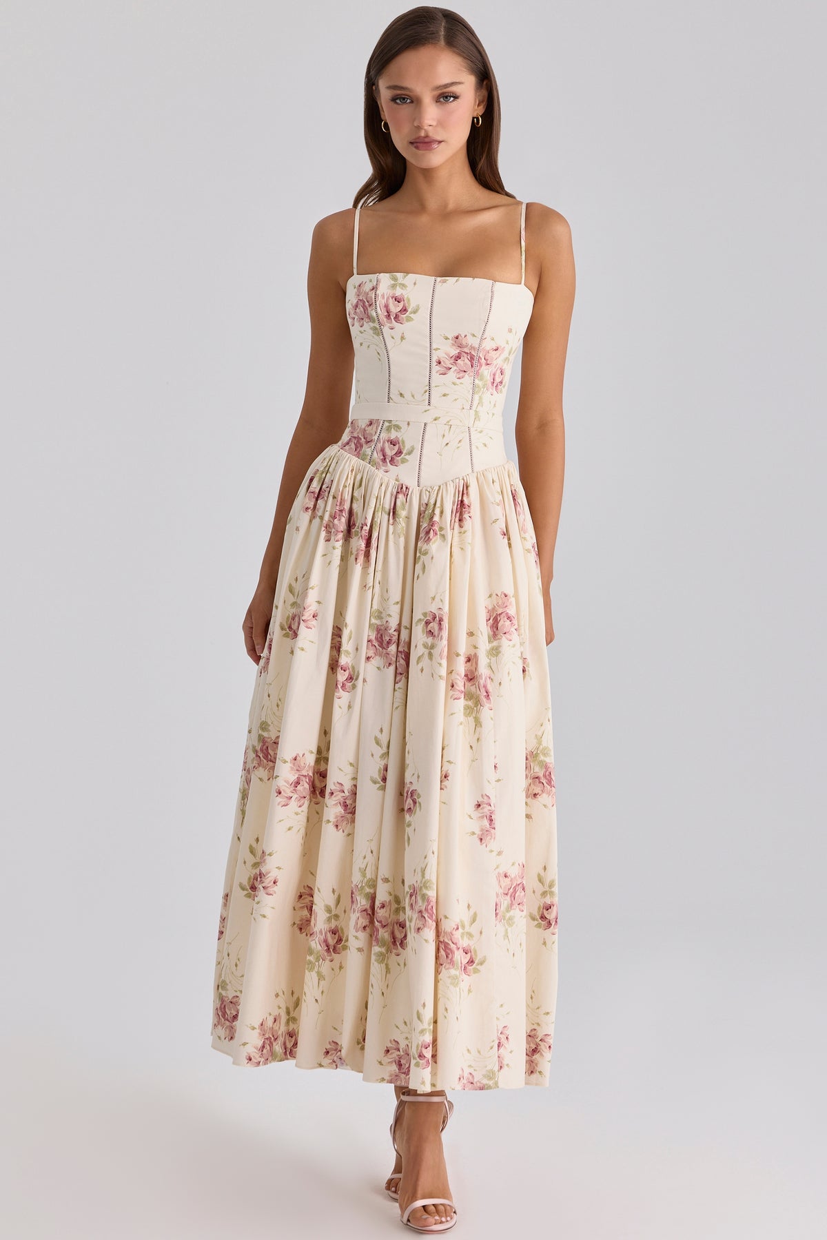 Ivory Vintage Rose Print Cotton Midi Sundress