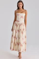 Ivory Vintage Rose Print Cotton Midi Sundress
