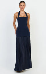 Loretta Maxi Dress - Contrast Halter Neck Pleated Dress in Navy