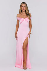Spark Babe Off Shoulder Satin Maxi Dress Pink