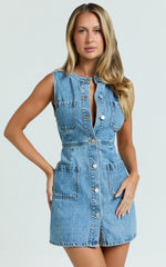Stephanie Mini Dress - Scoop Neck Pocket Detail Recycled Denim Dress in Light Blue Wash