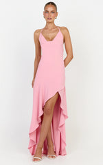 Sunny Maxi Dress - Cowl Neck Asymmetric Hem Dress in Pink