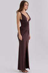 Black Cherry Gathered Plunge Maxi Dress
