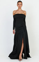 Amaya Maxi Dress - Off Shoulder Draped Long Sleeve Dress in Black