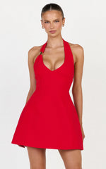 Leilani Mini Dress - Plunge Gold Hardware Fit and Flare Dress in Red