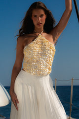 Ivory Georgette Hand Beaded Shell Embellished Halter Neck Top - Limited Edition
