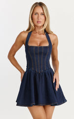 Hayes Mini Dress - Halter Neck Corset Bodice Dress in Dark Blue