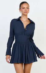 Valerie Mini Dress - Collared Long Sleeve Waist Shirt Dress in Navy