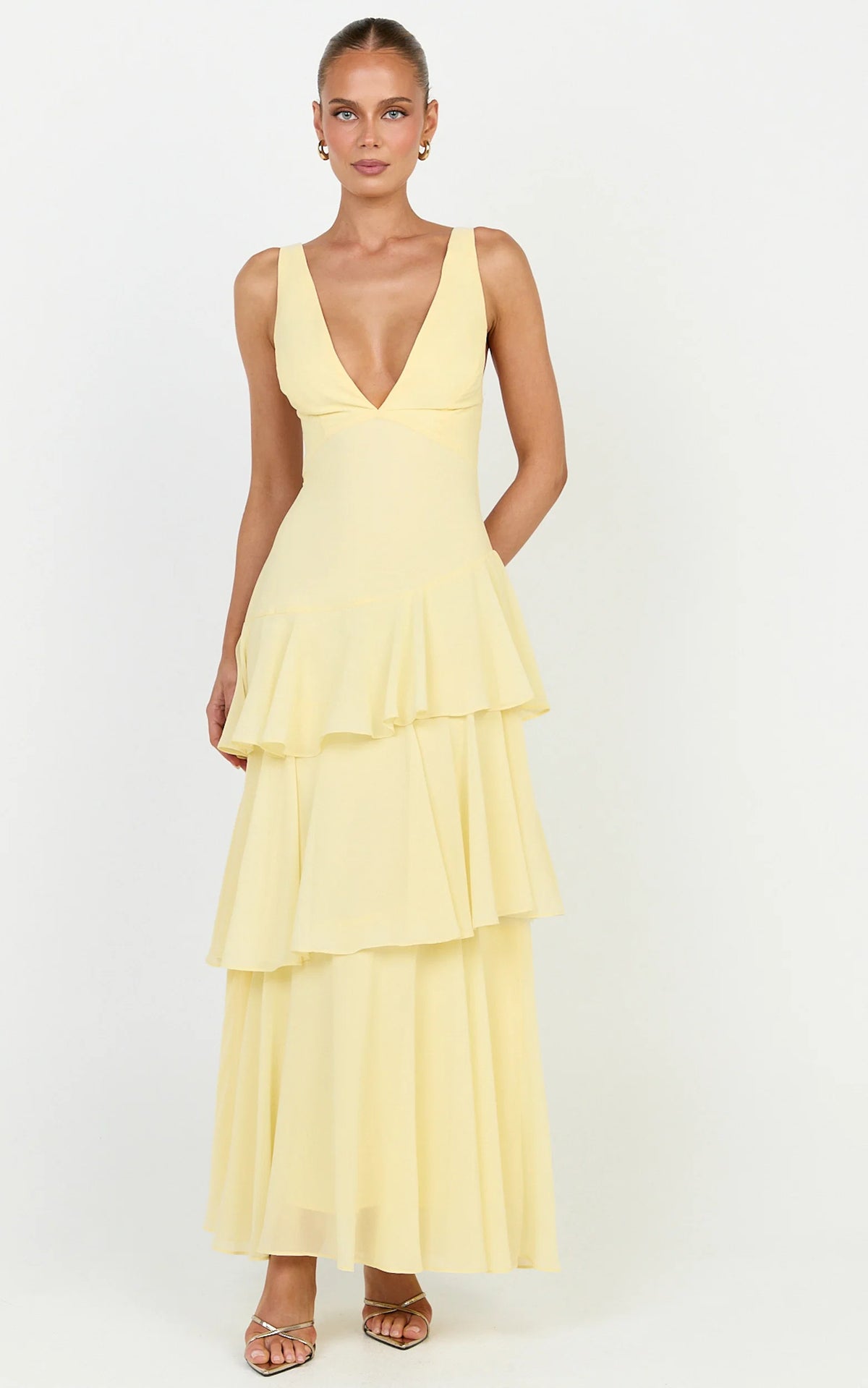 Beryl Midi Dress - Deep V Neck Sleeveless Layered Dress in Lemon
