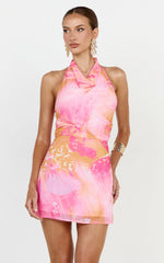 Elouise Mini Dress - Halter Cowl Neck Dress in Hot House Orchid Print