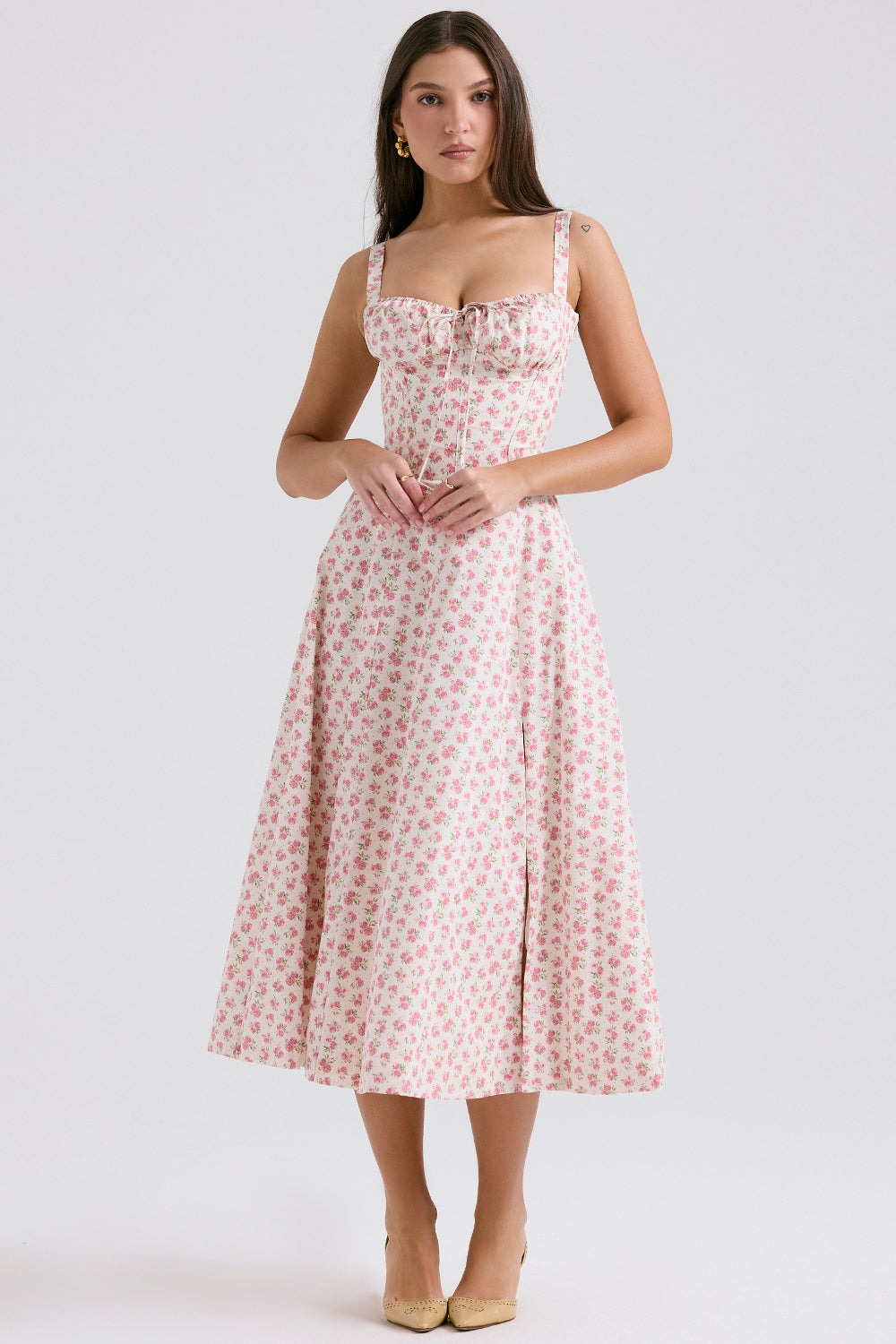White Rosebud Print Cotton Bustier Sundress