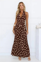 Nova Nights Halter Polka Dot Maxi Dress Brown