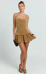 Edie Mini Dress - Straight Neck Gathered Drop Waist Dress in Brown