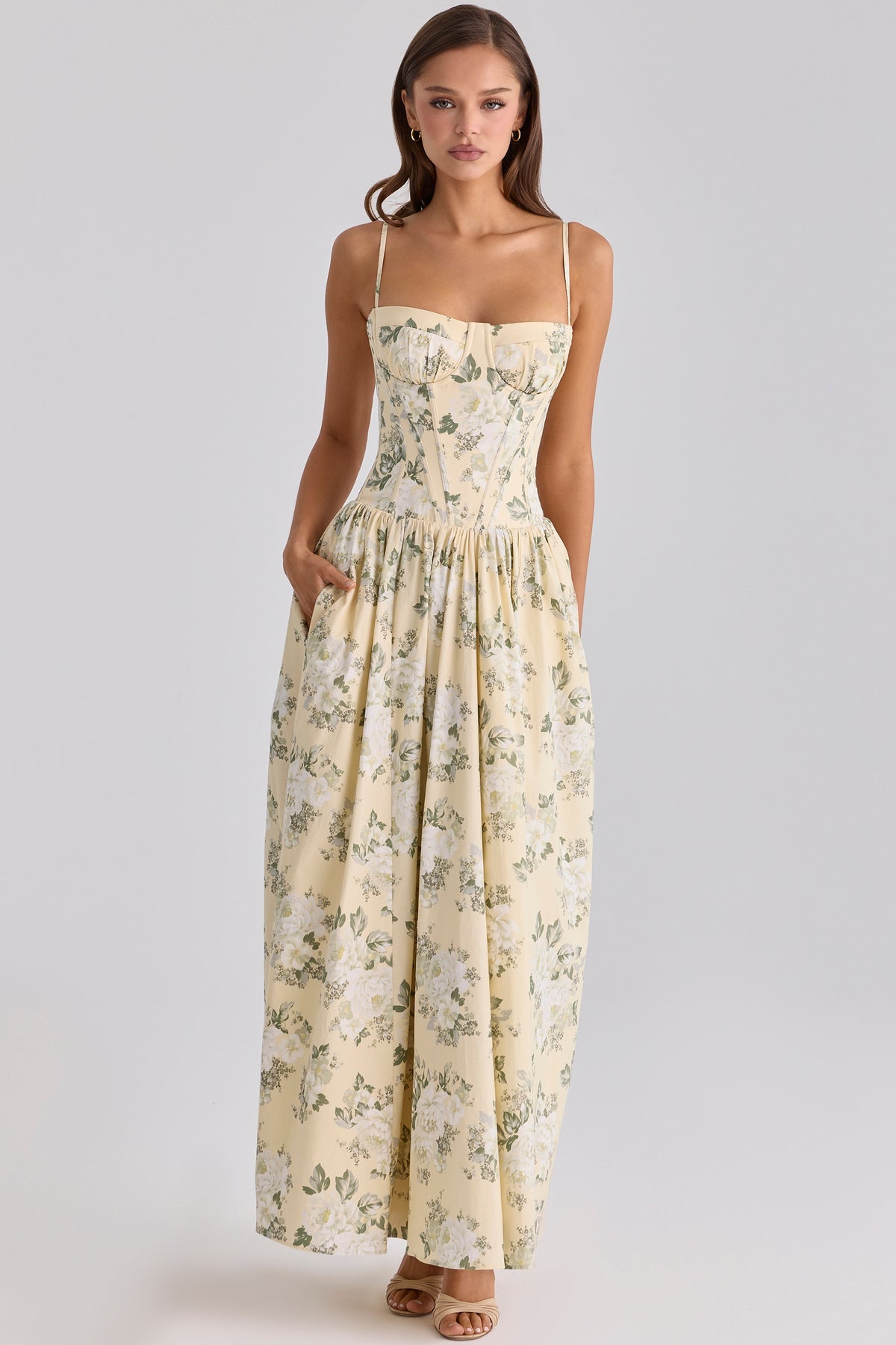Lemon Floral Print Cotton Maxi Dress