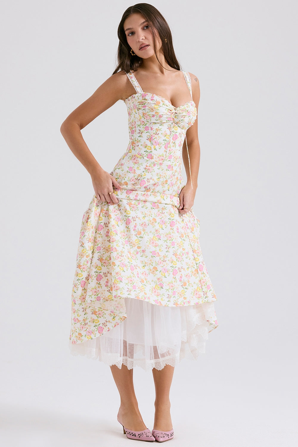 Ivory Meadow Print Cotton Bustier Sundress