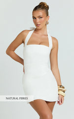 Tamika Mini Dress - Halter Neck Gathered A Line Mini Dress in Off White