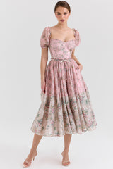 Pink Floral Chiffon Midi Dress