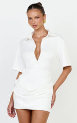 Leora Mini Dress - Button Front Draped Cowl Waist Dress in Off White