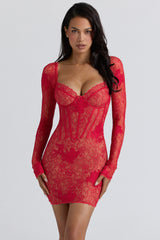 Red Lace Embroidered Mini Dress - Limited Edition