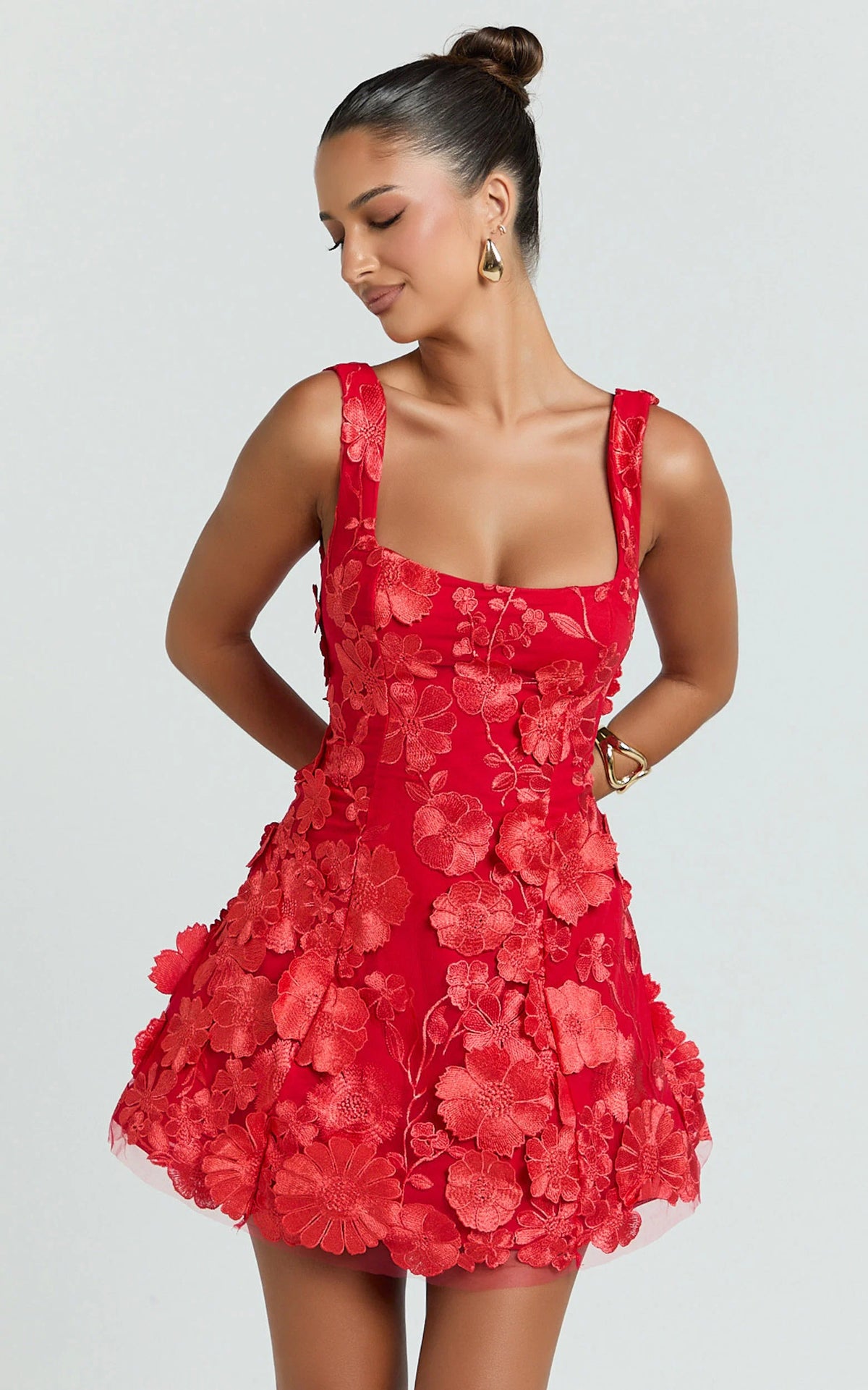 Sienna Mini Dress - 3D Floral Fit And Flare Dress in Red