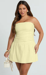 Donatella Mini Dress - Strapless Drop Waist Dress in Lemon
