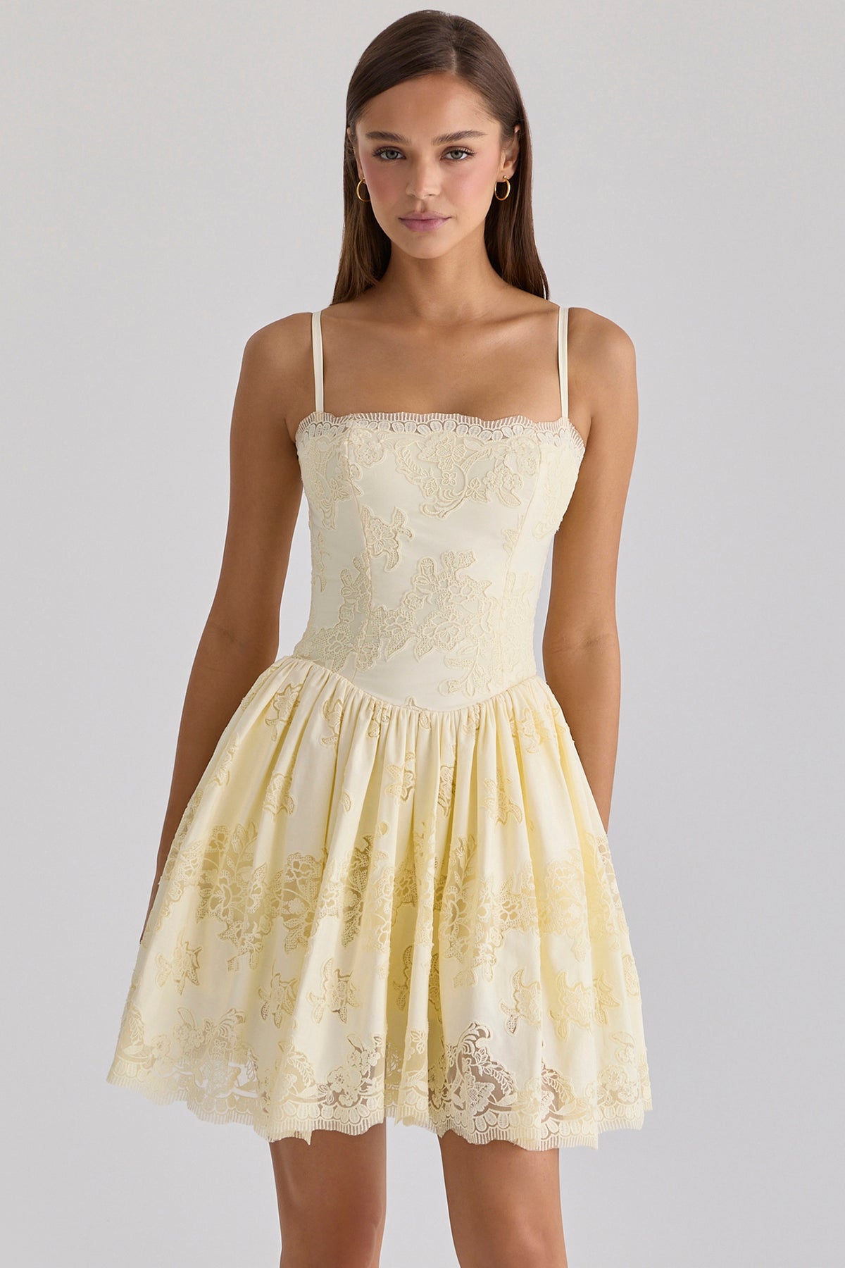 Lemon Custom Lace Cotton Broderie Anglaise Mini Dress