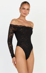 Isabelle Bodysuit - Off Shoulder Long Sleeve Lace Bodysuit in Black