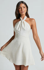 Louie Mini Dress - Linen Halter Neck Dress in Natural