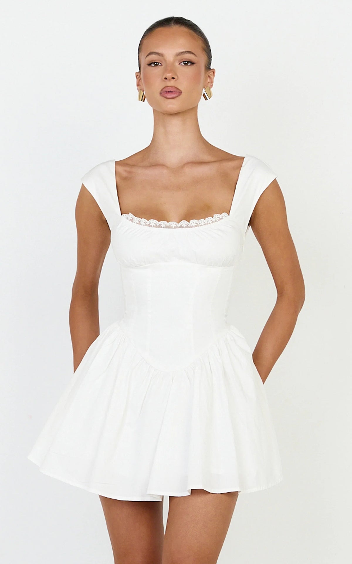 Clementine Mini Dress - Cap Sleeve Lace Trim Fit And Flare Mini Dress in Off White