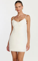 Loya Mini Dress - Scallop Lace Trim Mini Dress in Off White