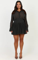 Valerie Mini Dress - Collared Long Sleeve Waist Shirt Dress in Black Polka Dot