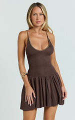 Shailene Mini Dress - Chain Strap V Neck Knitted Dress in Chocolate