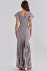Lilac Vintage Floral Print Georgette Maxi Tea Dress