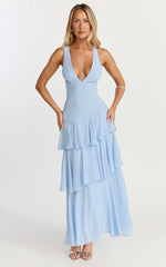 Beryl Midi Dress - Deep V Neck Sleeveless Layered Dress in Blue