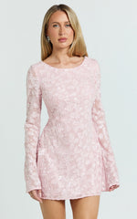 Terri Mini Dress - Long Sleeve Cowl Back Neck Dress in Pale Pink