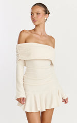 Maeve Mini Dress - Off Shoulder Long Sleeve Fit And Flare Mini Dress in Cream
