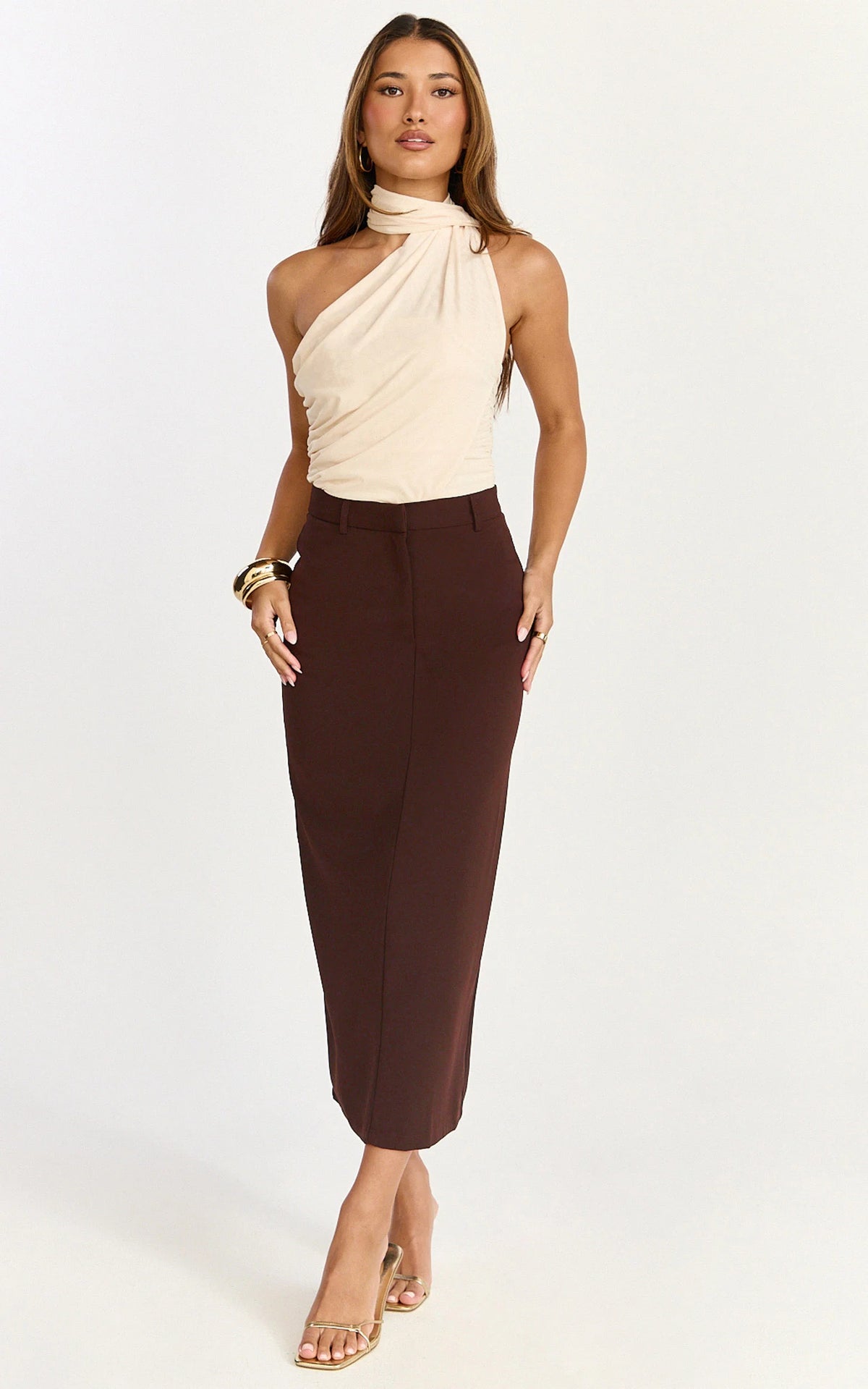 Alanna Midi Skirt - High Waisted Back Split Pencil Skirt in Chocolate