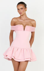 Vienna Mini Dress - Off Shoulder Tiered Hem Dress in Pink