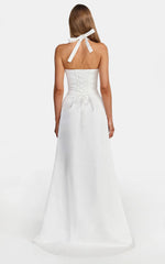 Amber Maxi Dress - Corset Bodice Draped Skirt Halter Dress in White