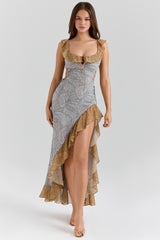 Paisley Print Georgette Ruffle Maxi Dress
