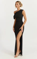 Helen Maxi Dress - One Shoulder Draped Fitted Dress in Black