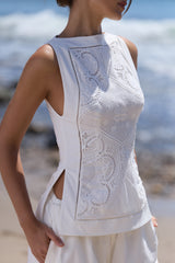White Cotton Placement Lace Broderie Anglais Boat Neck Top