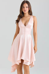 Pink Satin Asymmetric Handkerchief Hem Midi Dress