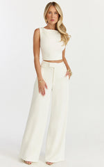 Helen Two Piece Set - Crepe Twisted Top And Wide Leg Pants in Cream