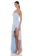 Satin High Low Maxi Dress in Light Blue